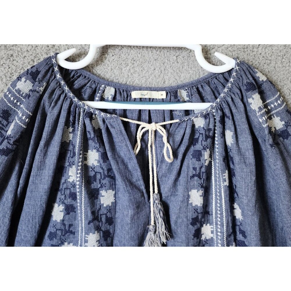 Hazel Women's Long Balloon Sleeve Tie V Neck Oversized Top Embroidered Blue Sz M - Picture 2 of 15